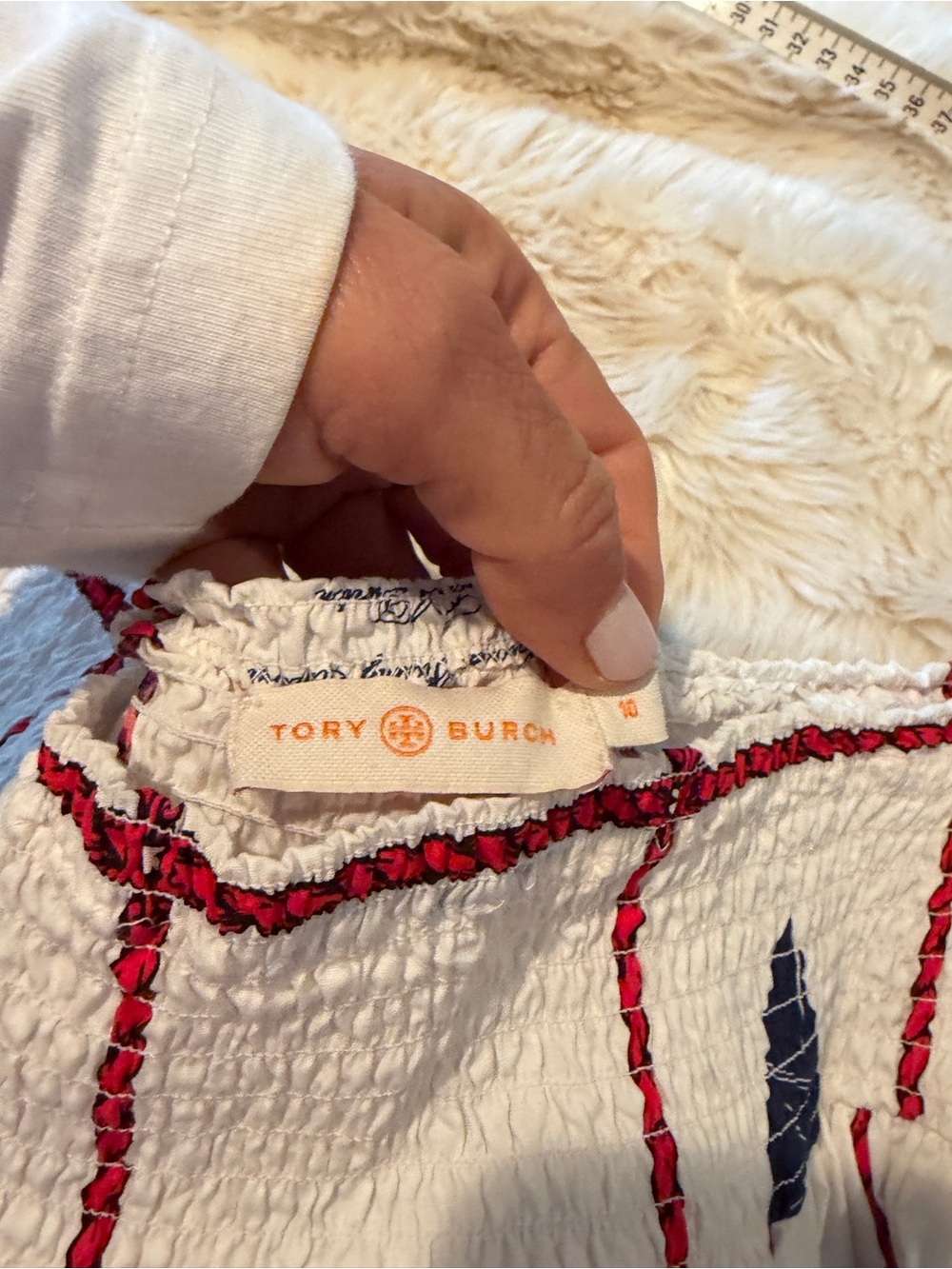 Tory Burch White Smocked Skirt with Navy Sailboat Print and Red Trim 10 M - Picture 5 of 8
